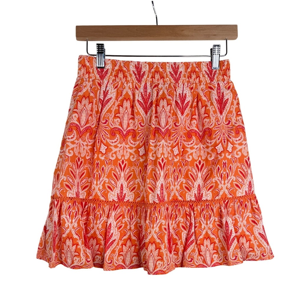 LOFT Women's Orange Paisley Floral Print Skirt Size XS Ruffled Hem Mini Skirt